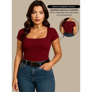 Blusa Feminina Marsala Decotada Casual Basica Tendencia Ribana Algodao Premium
