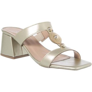 Tamanco Feminino Salto Grosso Bloco Médio Social Casual Moda Dourado
