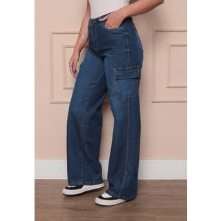 Calça Feminina Avec Wide Leg Cargo Confortável E Estilosa Azul Manchado