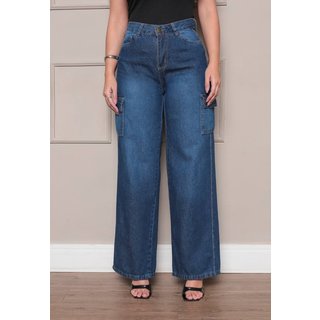 Calça Feminina Avec Wide Leg Cargo Despojada E Refinada Azul Manchado