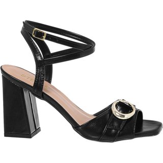Sandália Feminina Stessy Bico Quadrado Salto Bloco Fivela Luxo Moda Preto