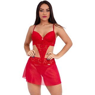 Conjunto IMI Lingerie Sutiã Calcinha Fio E Saia Renda Tule Hari Vermelho