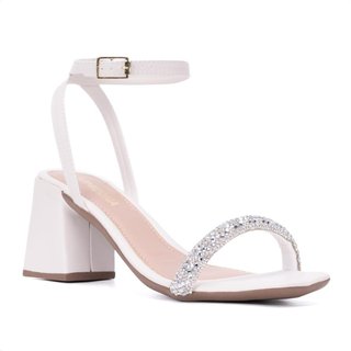 Sandália Feminina Off White Tira Com Fivela Salto Alto Bloco