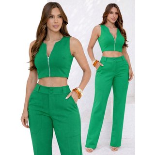 Conjunto Divina Gata Cropped Calça Flare Verde