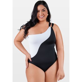 Maiô Summer Soul Um Ombro Só Plus Size Preto e Branco