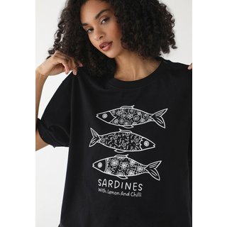 Camiseta Feminina Oversized Fiveblu Estampada Sardines Preta