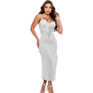 Camisola Longa Tete Variedades Lisa Fenda Rendada Poliamida Lingerie Sensual Branca
