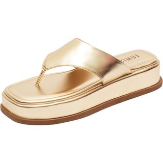 Tamanco Feminino Lumiss Flatform Chinelo De Dedo Papete Confortável Dourado