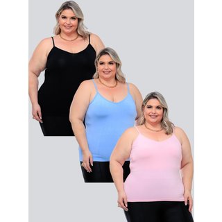 Kit 3 Peças Regata Plus Size Feminina Básica Viscolycra Alcinha Fina Leve estilo Casual GARAIS MODA moda Verão Preto Azul Rosa