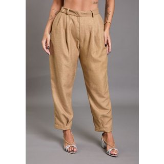 Calça Alfaiataria Feminina Mom em Poliéster Color Bege