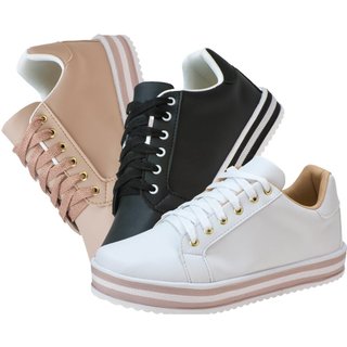Kit 03 Pares Tênis Casual Lumiss Nude/Preto/Branco