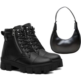 Kit Bota Feminina Cano Médio Anna Andrade Coturno Casual Tratorado Zíper e Bolsa Ombro Preta