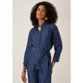 Camisa Maria Valentina Solta Gola Clássica Manga Longa Padrão Azul