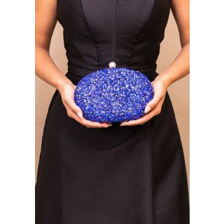 Bolsa Clutch Oval Pedraria com Alcinhas Removíveis Elegante Festa Safire Azul
