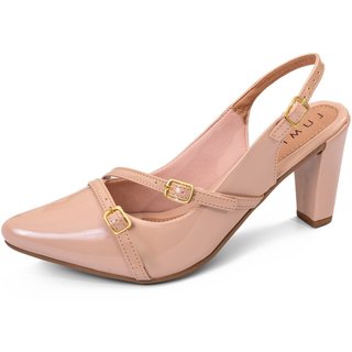 Scarpin Feminino Lumiss Slingback Salto Fino Confortável Bico Fino Fivelas Verniz Nude