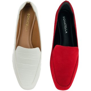 Kit 2 Pares Mocassim Feminino Donatella Shoes Vermelho Camurça e Branco Croco