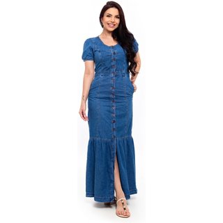 Vestido Restrito Jeans Longo Com Recortes - azul médio