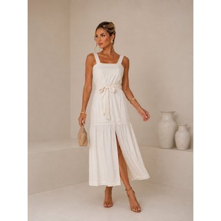 Vestido Longo Premium com Fenda Lateral e Faixa na Cintura Lapetry Elegância e Sofisticação Feminina Listras Azul