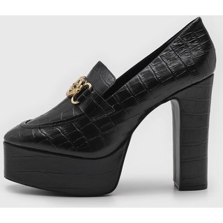 Scarpin Jorge Bischoff Salto Bloco Textura Croco Preto