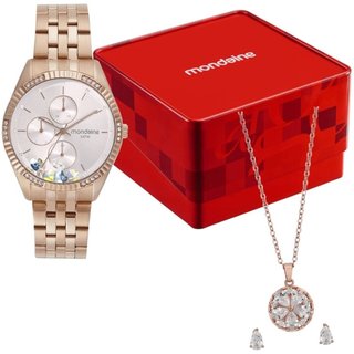 Kit Relgio Feminino Mondaine Rose gold Cristais com Colar Mondaine