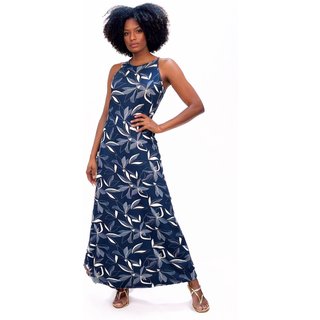Vestido Longo Cabanafree Malha Trapézio Estampa Hibisco Blue