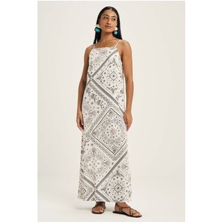 Vestido Feminino Midi Longo Estampado Marialícia Bege