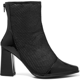 Bota Feminina Stessy Shoes Tela Cano Curto Bico Quadrado Confortável Verniz Preto