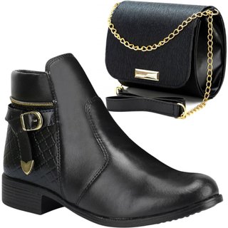 Kit Bota Feminina Cano Curto Fechamento Zíper + Bolsa Transversal Alça Corrente