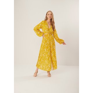 Vestido Estampado Midi Chá Em Viscose Com Torção Frontal