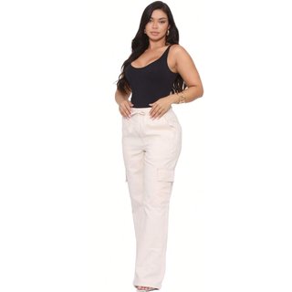 Calça Pantalona Wide Leg Feminina Sarja Clara com Bolso Cargo Bege
