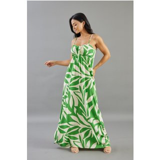 Vestido Longo Lemier Collection Soltinho Estampa de Folhagem Alça Removível Verde