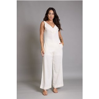 Macacão Pantalona Franzido com Decote em V Lemier Collection Off White