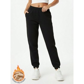 Calça de Moletom Feminina Jogger Básica Preto Felpudo Flanelado com Bolso