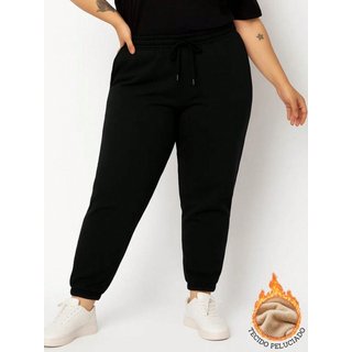 Calça de Moletom Feminina Plus Size Jogger Tecido Flanelado com Bolso Preto Calça de tamanho grande para mulher