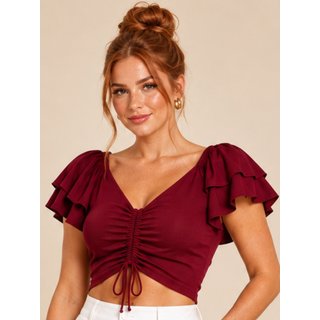 Blusa Ombro a Ombro Franzida Feminina Lapetry Delicada Moda Casual Vinho