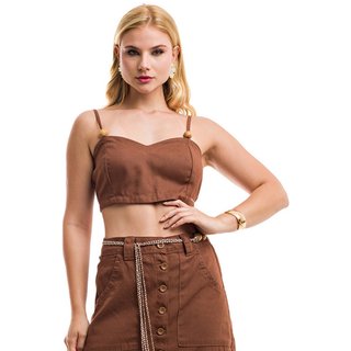 Cropped Restrito Jeans De Linho Premium 2 em 1 - MARROM