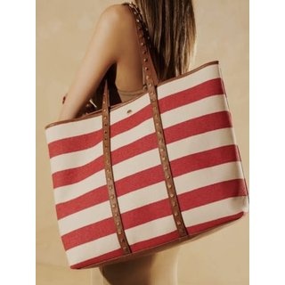 Bolsa Luiza Barcelos Grande Em Listras Vermelho Naval E Couro Caramelo Com Rebites