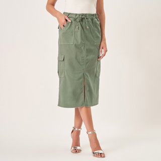 Saia Midi Jeans Color Confort Cargo Verde Relva