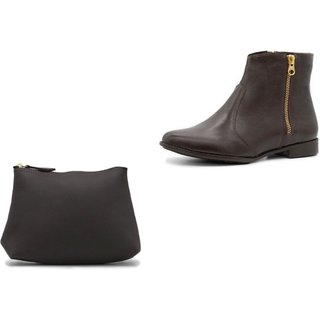Kit Bota Feminina de Couro Ziper com Necesserie Café Tellini Store