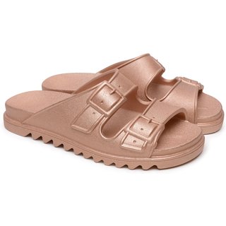 Chinelo Feminino Anna Andrade Sandália Flat Casual Praia Estilosa Papete Tendência Metalizada Rosê