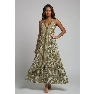 Vestido Longo Indiano Verde Oliva Feminino Estampado Confortável Elegante