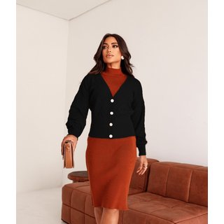 Casaco Cherry Line Botão Manga Longa Tricô Textura Preto
