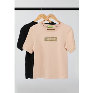 Kit 2 Camisetas Feminina Lança Perfume Logo Metalizado Nude