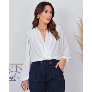 Body MOS Feminino em Crepe com Decote Transpassado Sem Bojo e Manga Longa Bufante Branco