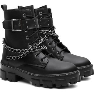 Bota Feminina Coturno Anna Andrade Tratorado Casual Cano Baixo Corrente Tendência Preto