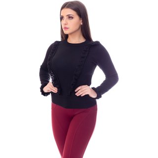 Blusa Moda Vício Com Babado Frente e Manga Tricô Preto