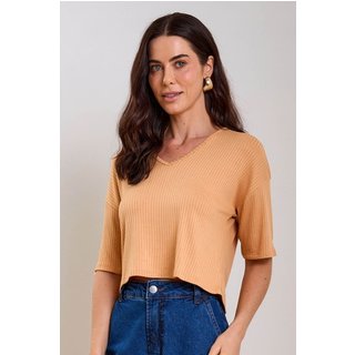 Blusa Feminina Comfy Canelada Decote V Marialícia Laranja