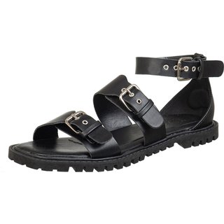 Sandalia Feminina Rasteira Flat Estilo Tratorada Via Birigui C/ Traseiro e Fivelas Preto