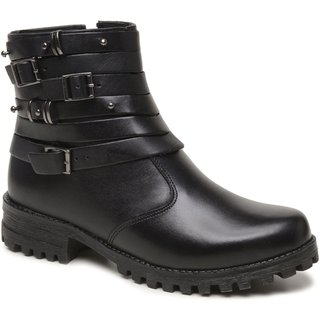 Coturno Feminino Leve Couro Legítimo Fivelas Zíper Emborrachado Preto
