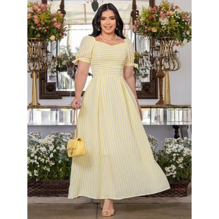 Vestido Longo Decote Coração Listrado Candy Colors Verão Moda Modesta Charmoso Amarelo